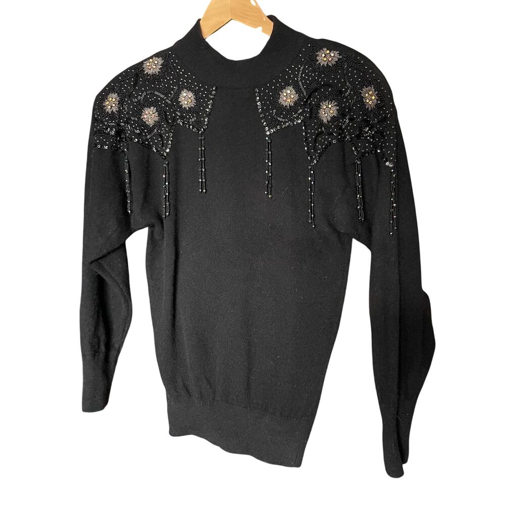 VTG Black Beaded Lambswool & Mohair Women's Sweater Padded Shoulder Size Small